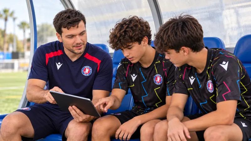 Adrián Martínez Banacloche repasa una jugada en la tablet con dos jugadores en el banquillo